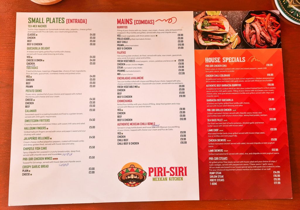 piri-siri mexican menu